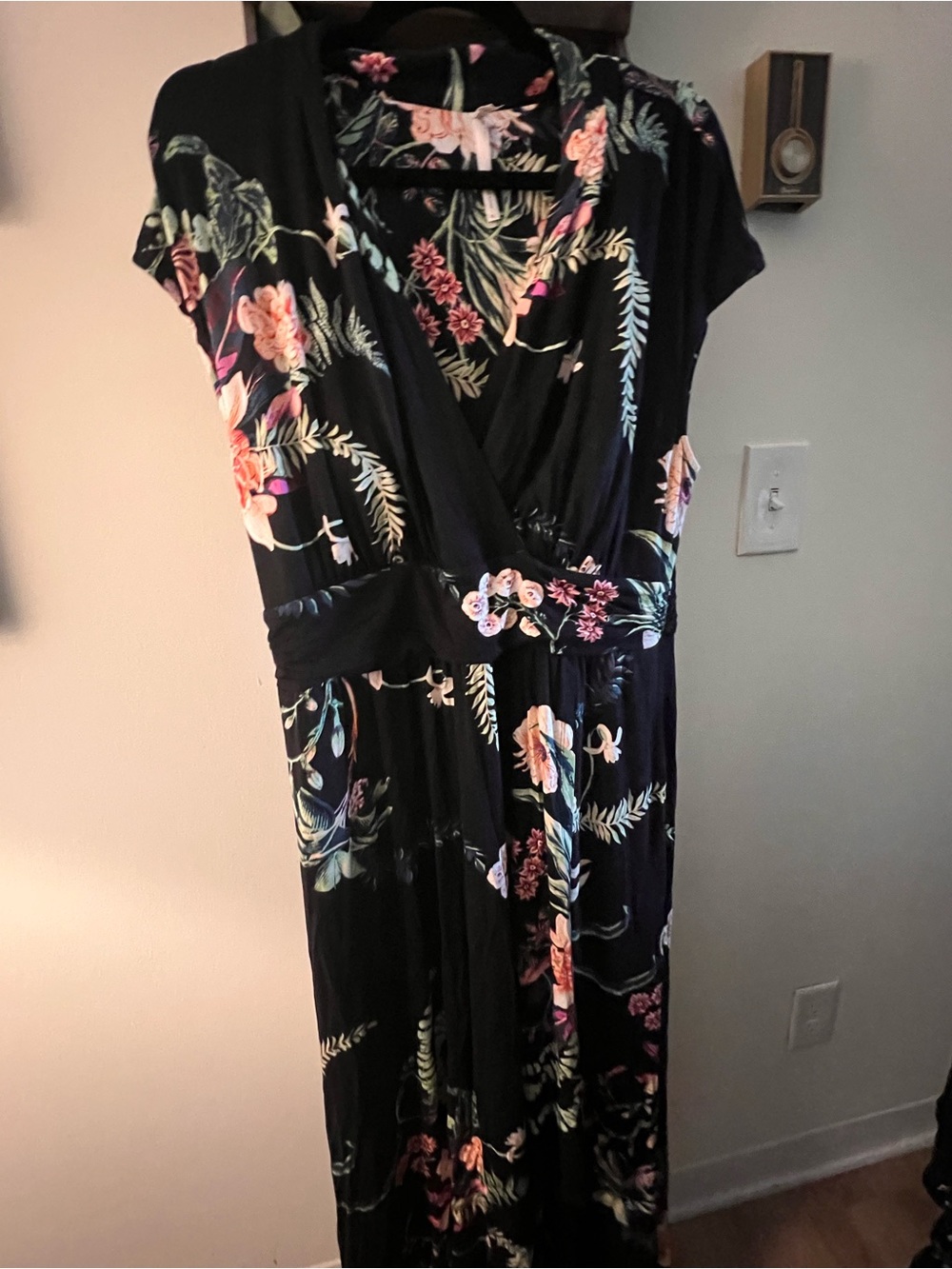 Soma Black Floral Wrap Maxi Dress with Pink and Green Floral Print